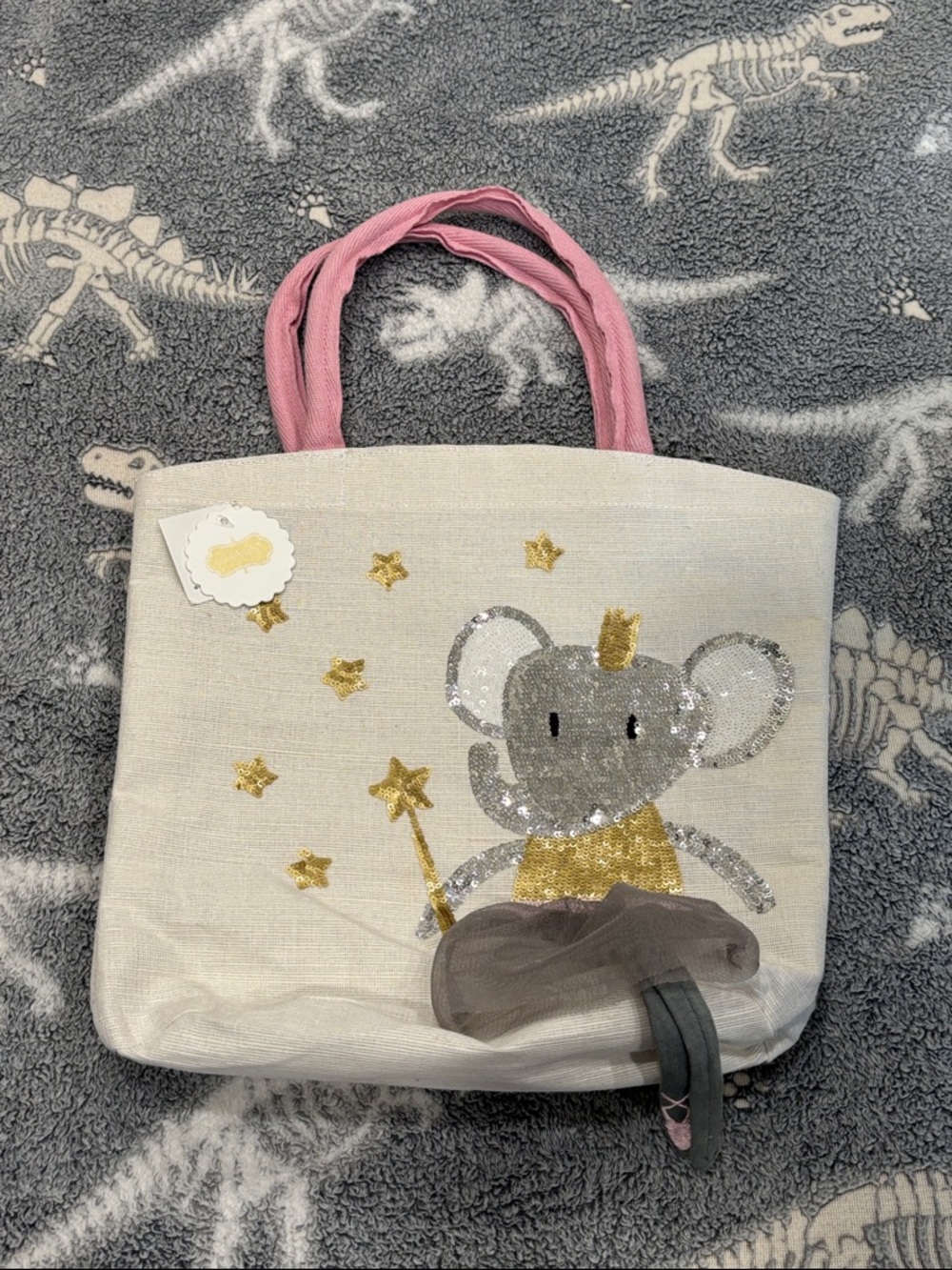 Mud Pie Cream Tote Bag with Pink Handles and Silver/Grey Sparkle Elephant